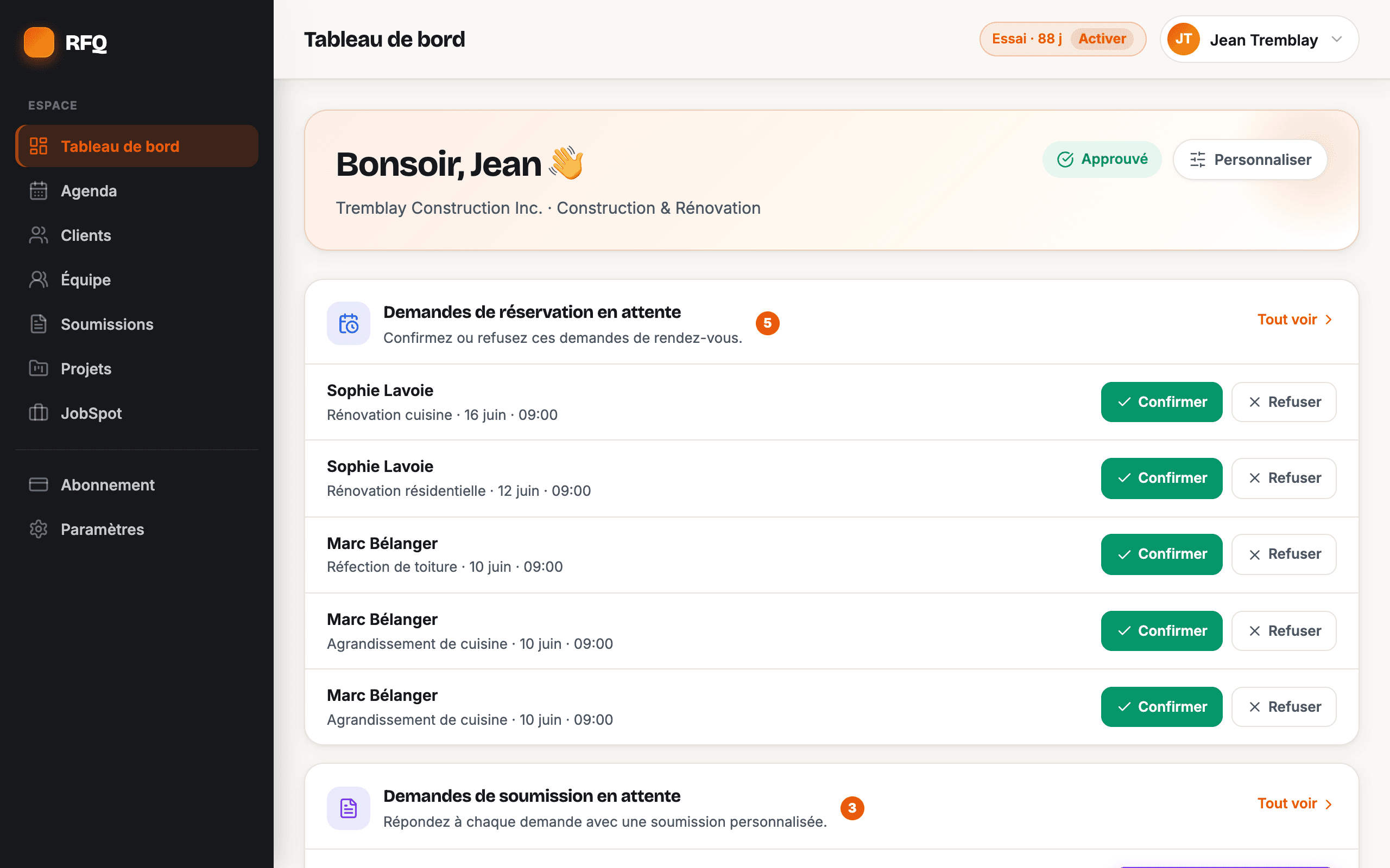 Tableau de bord fournisseur Solutions RFQ — demandes de réservation et de soumission en attente